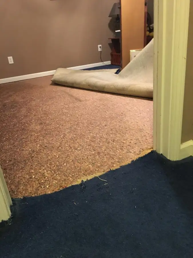 Carpet pad removal revealing water damage during Water Mitigation Services in Key West